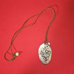 Hammered Metal Pendant On Leather Like Cord Fashion Pendant Shield With Cross